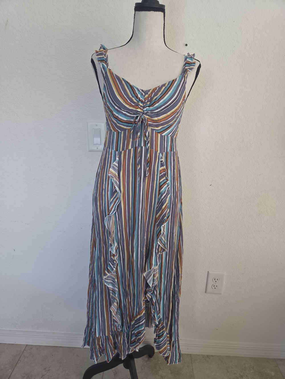 Hint of Mint Multi-Color Striped Ruffle Midi Dress Sweetheart Neck Size L Boho